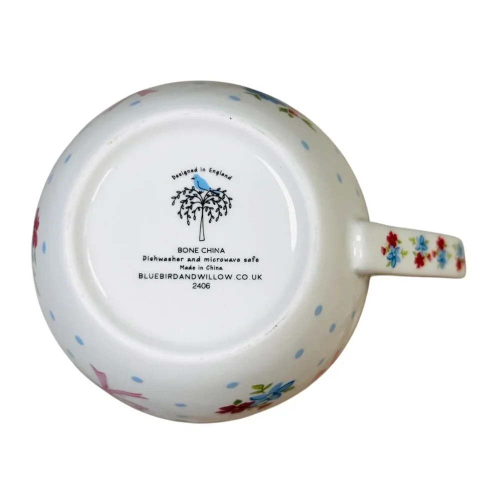 Bluebird and Willow Bone China Bow Tea Cup Mug Pink Bows Design